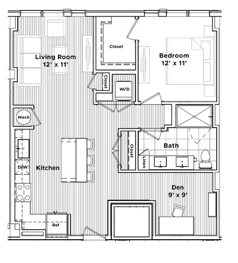 Floor plan for 1 bed, 1 bath, 870 sqft